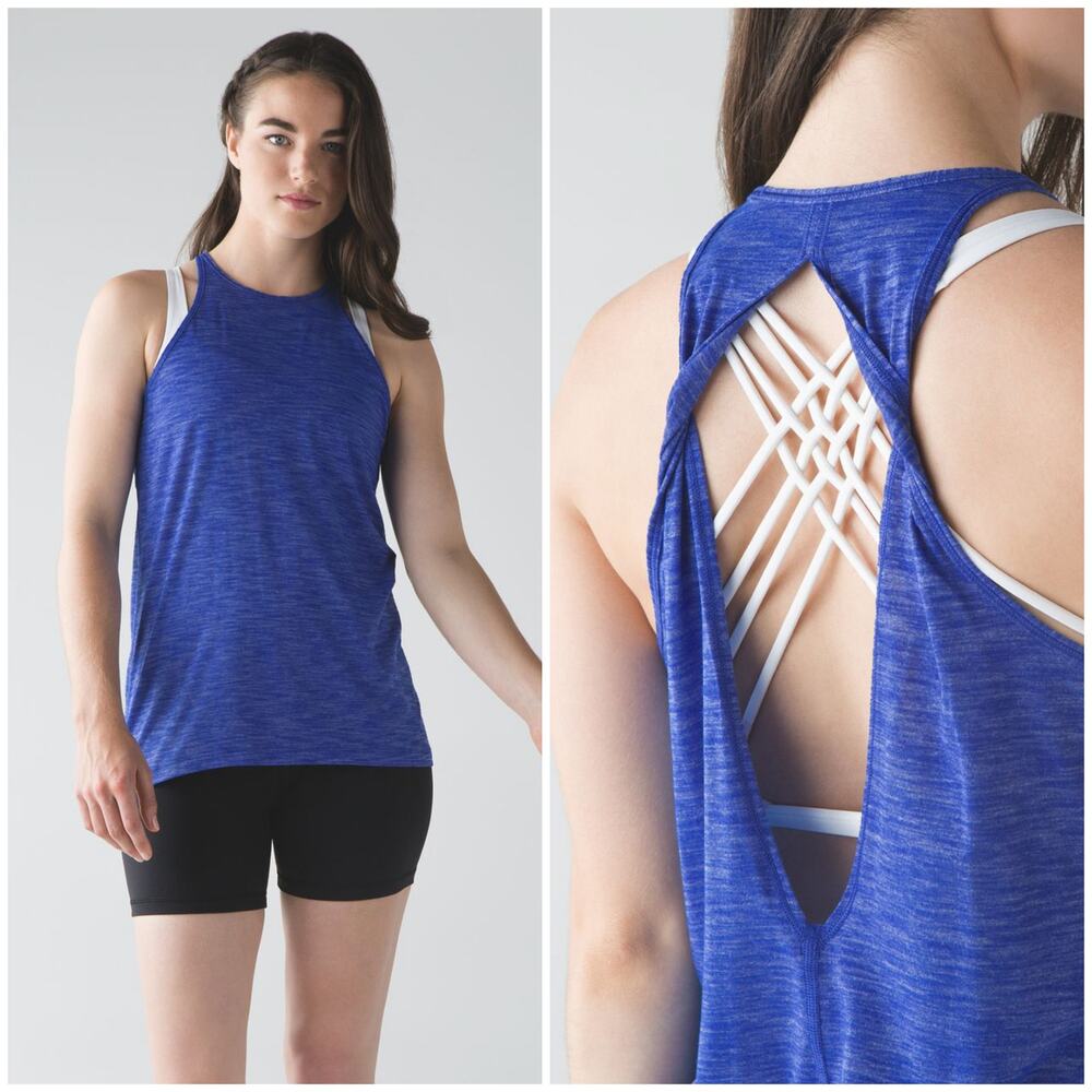 Lululemon Trapeze Twist Tank Heathered Harbor Blue Size 6 High Neck Run Gym